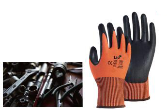 Lio 11330 13G Hi-Viz orange HPPE liner with black PU palm coated, reinforcement at thumb crotch